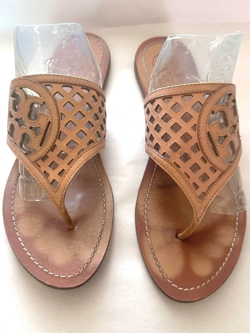Tory Burch Tan Leather Cutout Thong Sandals